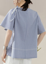 Natural Blue O-Neck Striped Bow Tops Summer