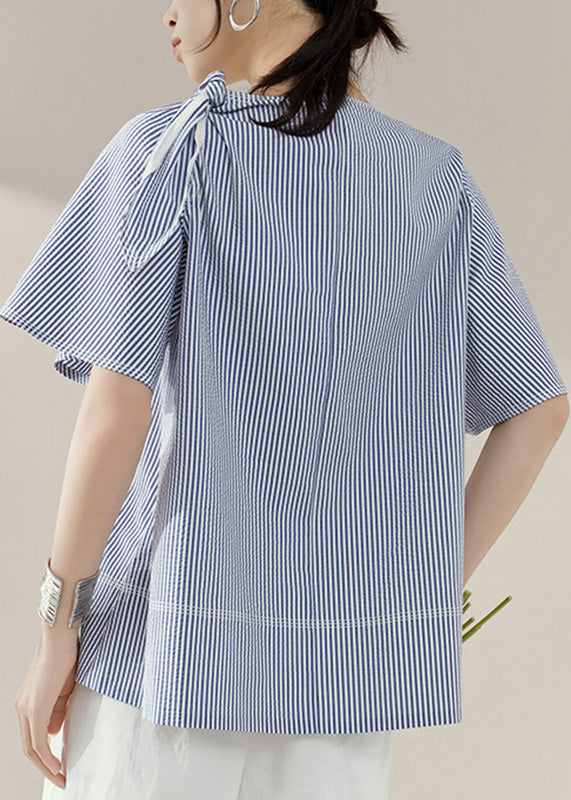 Natural Blue O-Neck Striped Bow Tops Summer