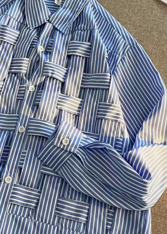 Natural Blue Peter Pan Collar Patchwork Cotton Shirt Fall