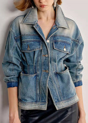 Natural Blue Peter Pan Collar Pockets Patchwork Denim Coats Summer