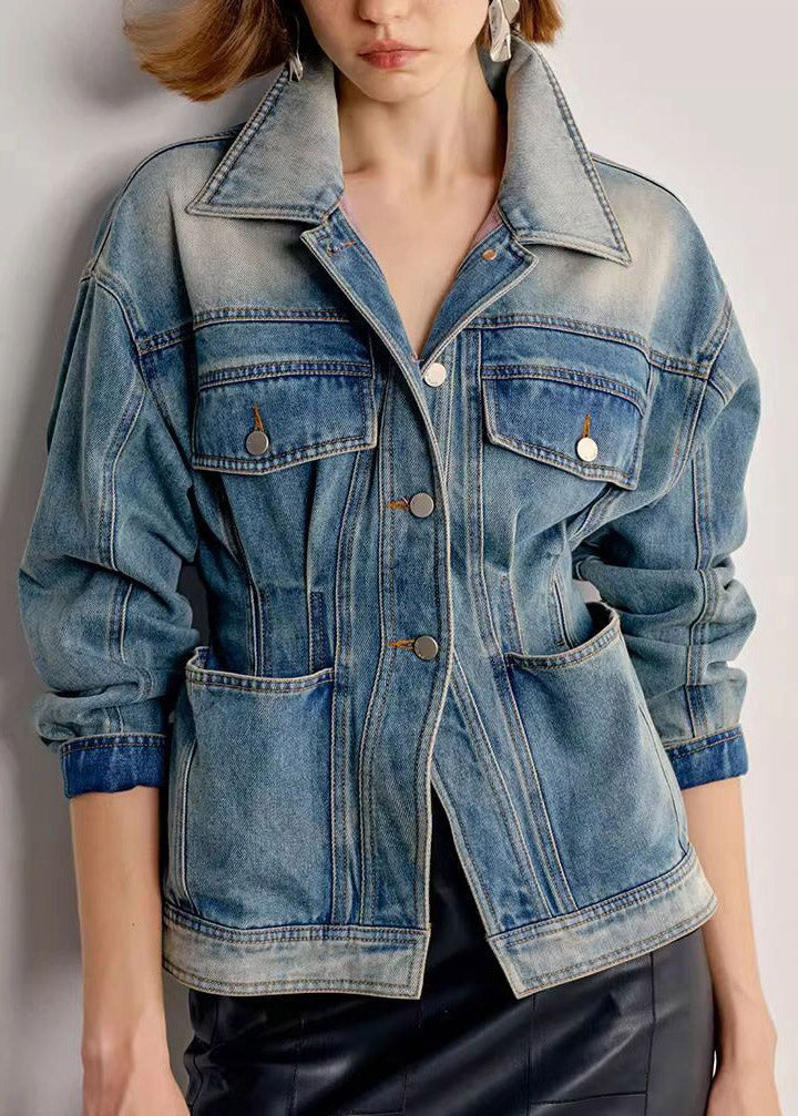 Natural Blue Peter Pan Collar Pockets Patchwork Denim Coats Summer