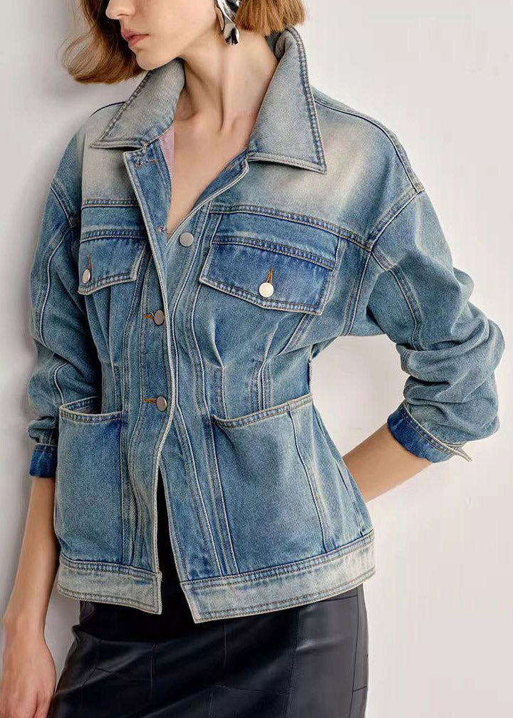 Natural Blue Peter Pan Collar Pockets Patchwork Denim Coats Summer