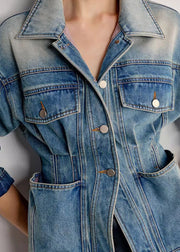 Natural Blue Peter Pan Collar Pockets Patchwork Denim Coats Summer