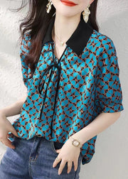 Natural Blue Peter Pan Collar Print Silk Shirts Summer