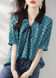 Natural Blue Peter Pan Collar Print Silk Shirts Summer