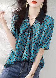 Natural Blue Peter Pan Collar Print Silk Shirts Summer