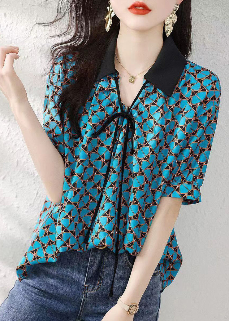 Natural Blue Peter Pan Collar Print Silk Shirts Summer