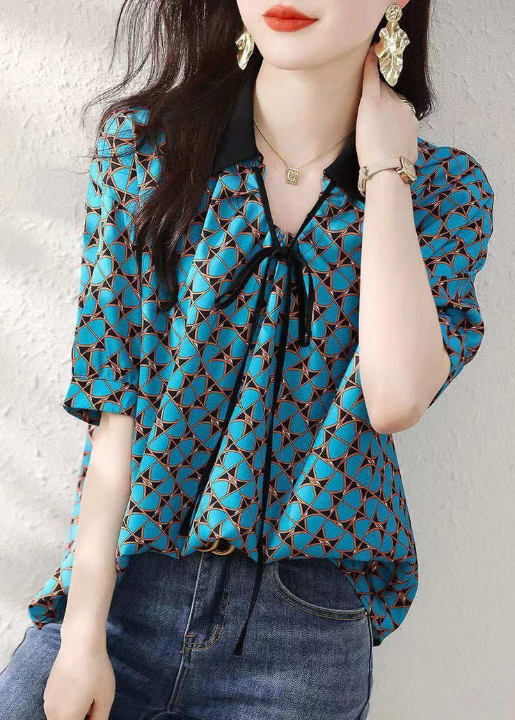 Natural Blue Peter Pan Collar Print Silk Shirts Summer