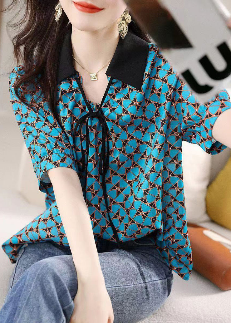 Natural Blue Peter Pan Collar Print Silk Shirts Summer