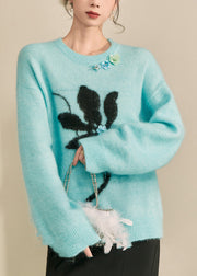 Natural Blue Print Cozy Cotton Knit Sweaters Fall