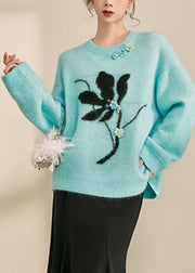 Natural Blue Print Cozy Cotton Knit Sweaters Fall