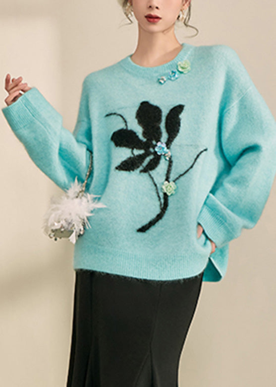 Natural Blue Print Cozy Cotton Knit Sweaters Fall