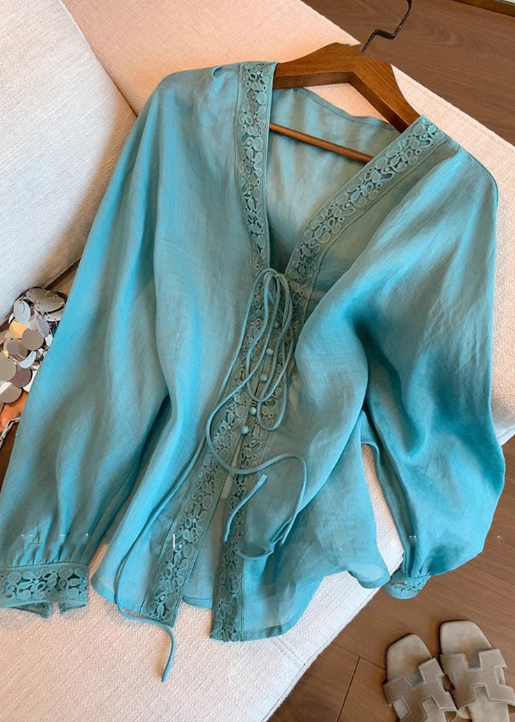 Natural Blue Ruffled Tie Lace Shirts Lantern Sleeve