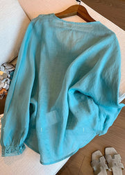 Natural Blue Ruffled Tie Lace Shirts Lantern Sleeve
