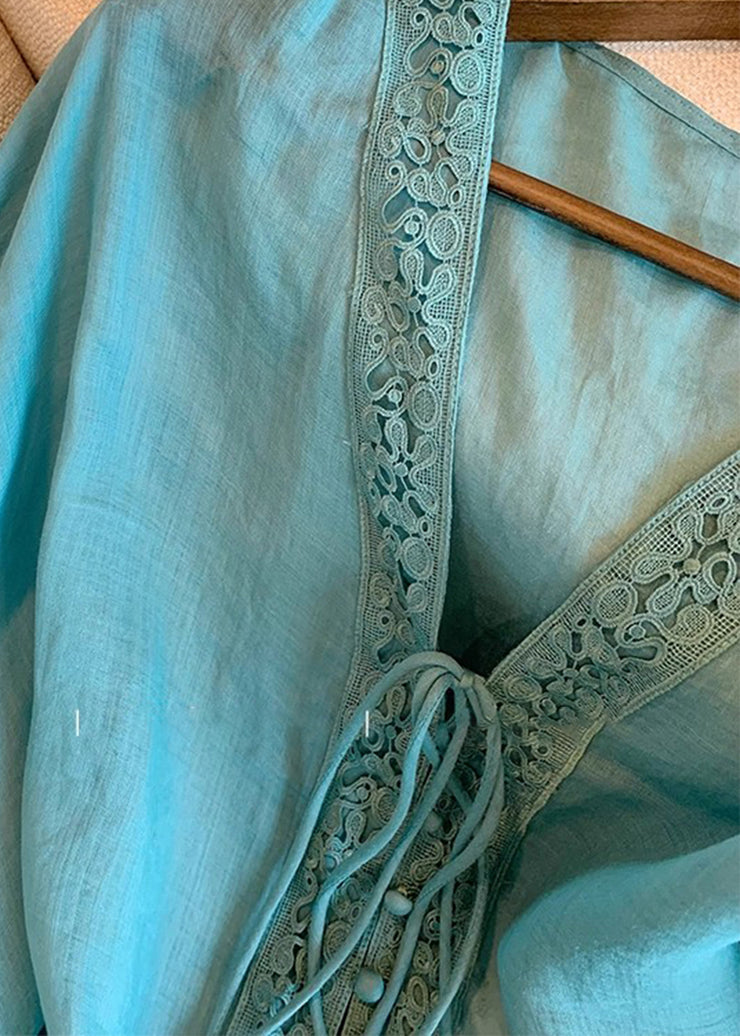 Natural Blue Ruffled Tie Lace Shirts Lantern Sleeve