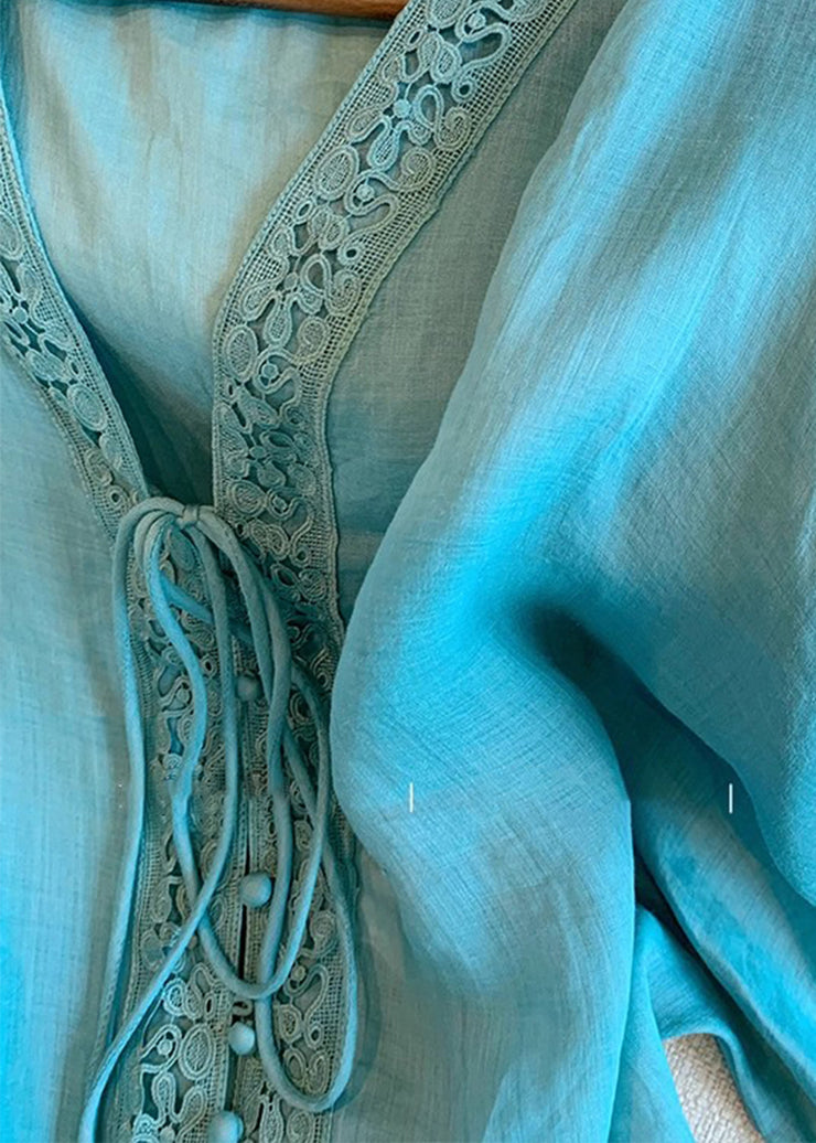 Natural Blue Ruffled Tie Lace Shirts Lantern Sleeve