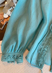 Natural Blue Ruffled Tie Lace Shirts Lantern Sleeve