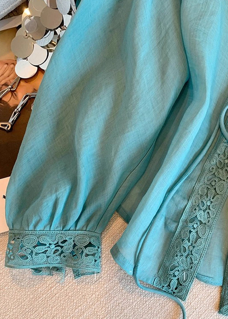 Natural Blue Ruffled Tie Lace Shirts Lantern Sleeve