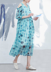 Natural Blue V Neck Cold Shoulder Dot Print Silk Dress Summer