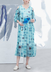 Natural Blue V Neck Cold Shoulder Dot Print Silk Dress Summer