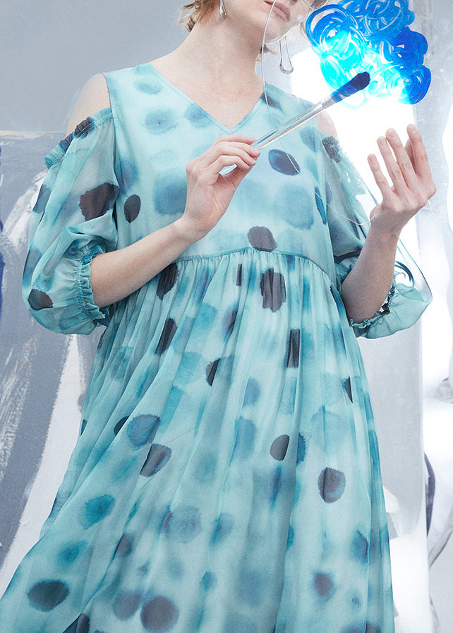 Natural Blue V Neck Cold Shoulder Dot Print Silk Dress Summer