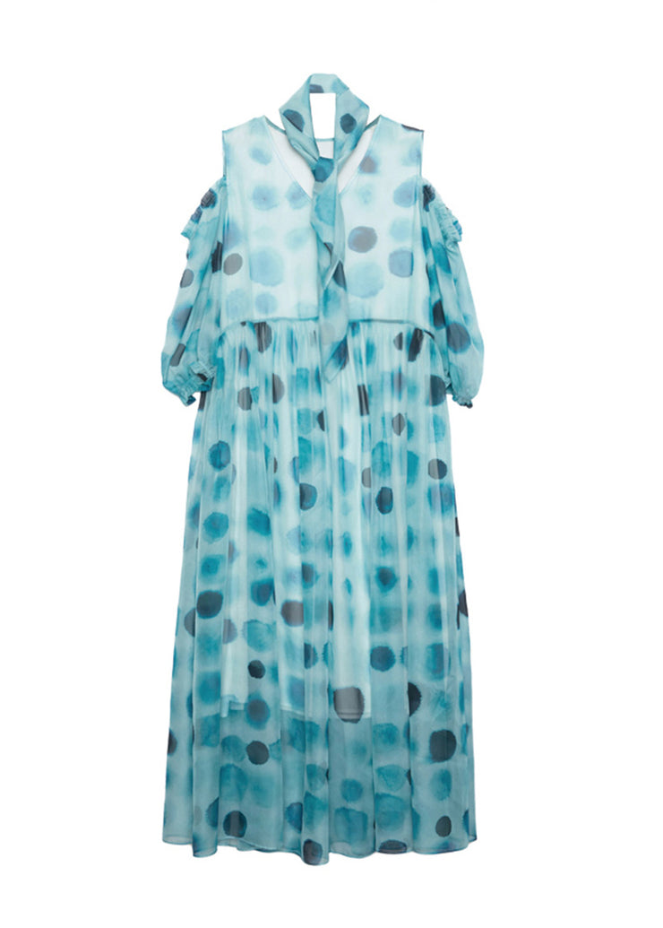 Natural Blue V Neck Cold Shoulder Dot Print Silk Dress Summer