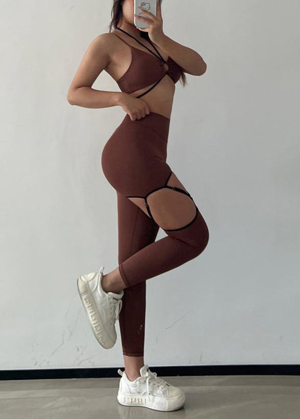Natural Brown High Waist Sports Bra And Leggings Set Suit Gym Shark Leggings