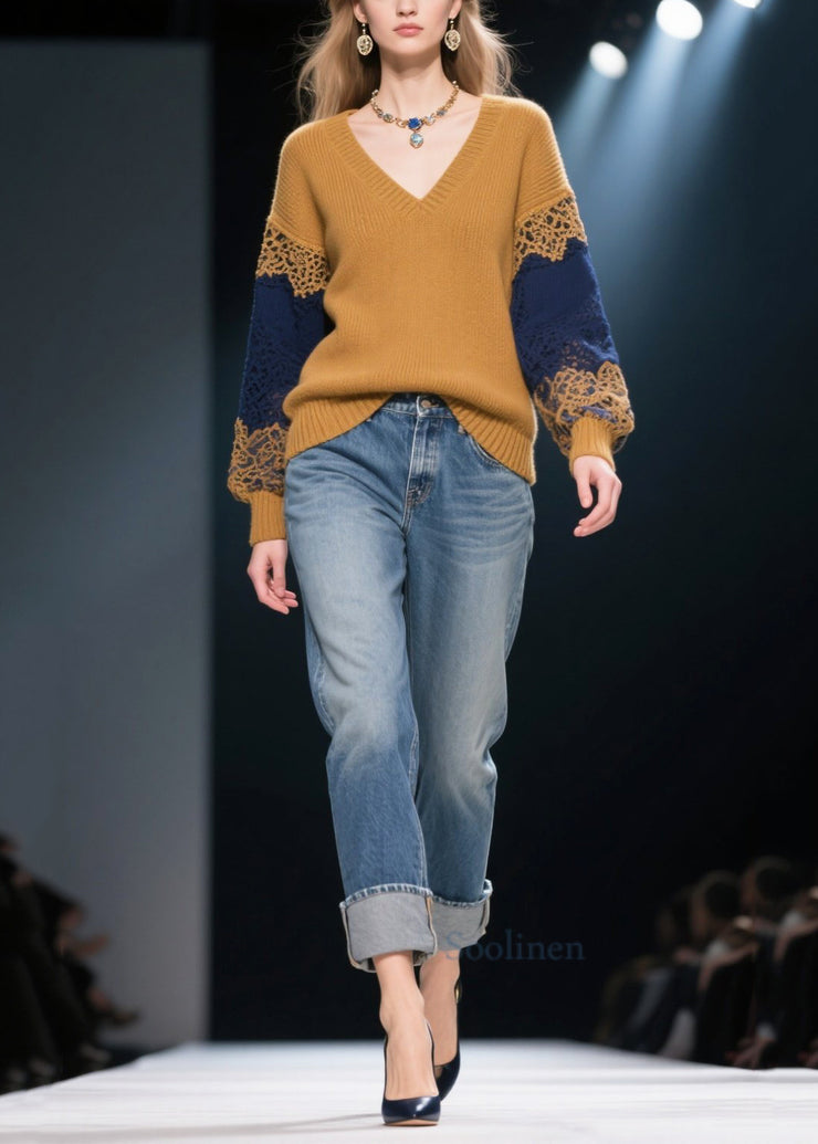 Natural Brown V Neck Patchwork Lace Knit Pullover Winter