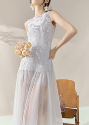 Natural Colorblock Print Tulle Patchwork Long Dress Sleeveless