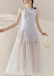 Natural Colorblock Print Tulle Patchwork Long Dress Sleeveless