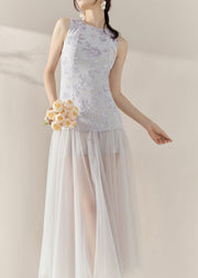 Natural Colorblock Print Tulle Patchwork Long Dress Sleeveless
