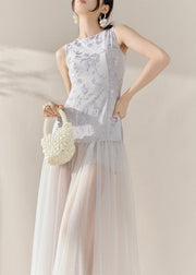 Natural Colorblock Print Tulle Patchwork Long Dress Sleeveless