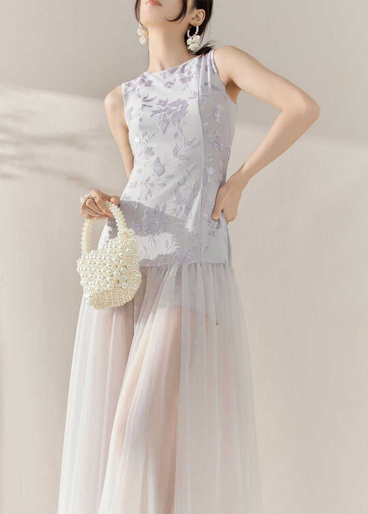 Natural Colorblock Print Tulle Patchwork Long Dress Sleeveless