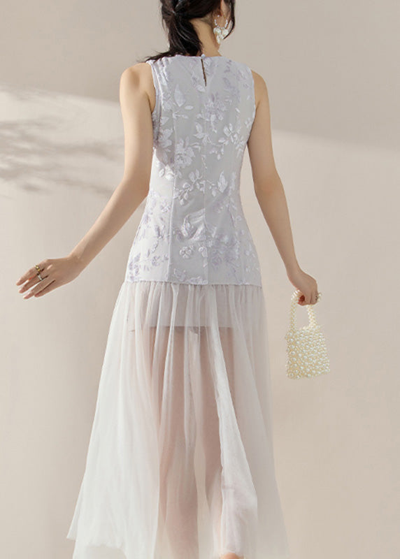 Natural Colorblock Print Tulle Patchwork Long Dress Sleeveless