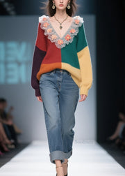 Natural Colorblock Ruffled Floral Knit Sweaters Winter