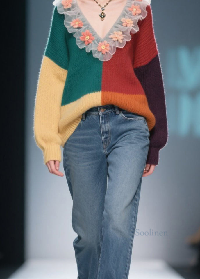 Natural Colorblock Ruffled Floral Knit Sweaters Winter
