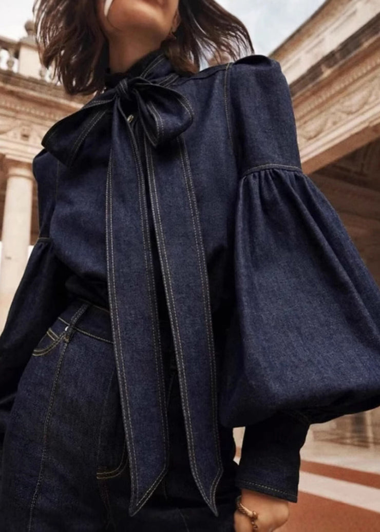 Natural Dark Blue Stand Collar Bow Patchwork Denim Shirt Spring