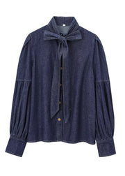 Natural Dark Blue Stand Collar Bow Patchwork Denim Shirt Spring
