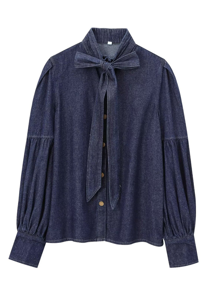 Natural Dark Blue Stand Collar Bow Patchwork Denim Shirt Spring