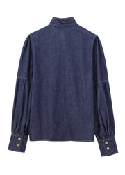 Natural Dark Blue Stand Collar Bow Patchwork Denim Shirt Spring