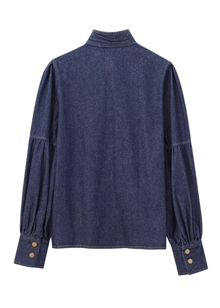 Natural Dark Blue Stand Collar Bow Patchwork Denim Shirt Spring