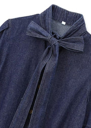 Natural Dark Blue Stand Collar Bow Patchwork Denim Shirt Spring