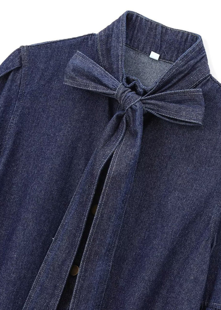 Natural Dark Blue Stand Collar Bow Patchwork Denim Shirt Spring