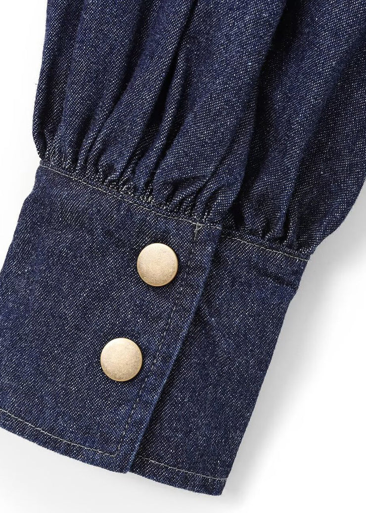 Natural Dark Blue Stand Collar Bow Patchwork Denim Shirt Spring
