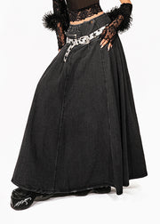 Natural Dark Grey Denim Patchwork A Line Skirt