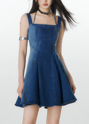 Natural Denim Navy Square Collar Patchwork Mid Spaghetti Strap Dress Summer