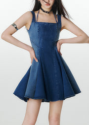 Natural Denim Navy Square Collar Patchwork Mid Spaghetti Strap Dress Summer