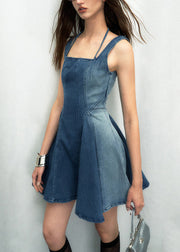 Natural Denim Navy Square Collar Patchwork Mid Spaghetti Strap Dress Summer