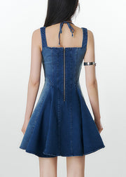 Natural Denim Navy Square Collar Patchwork Mid Spaghetti Strap Dress Summer