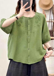 Natural Grass Green Embroidered Wrinkled Shirts Half Sleeve